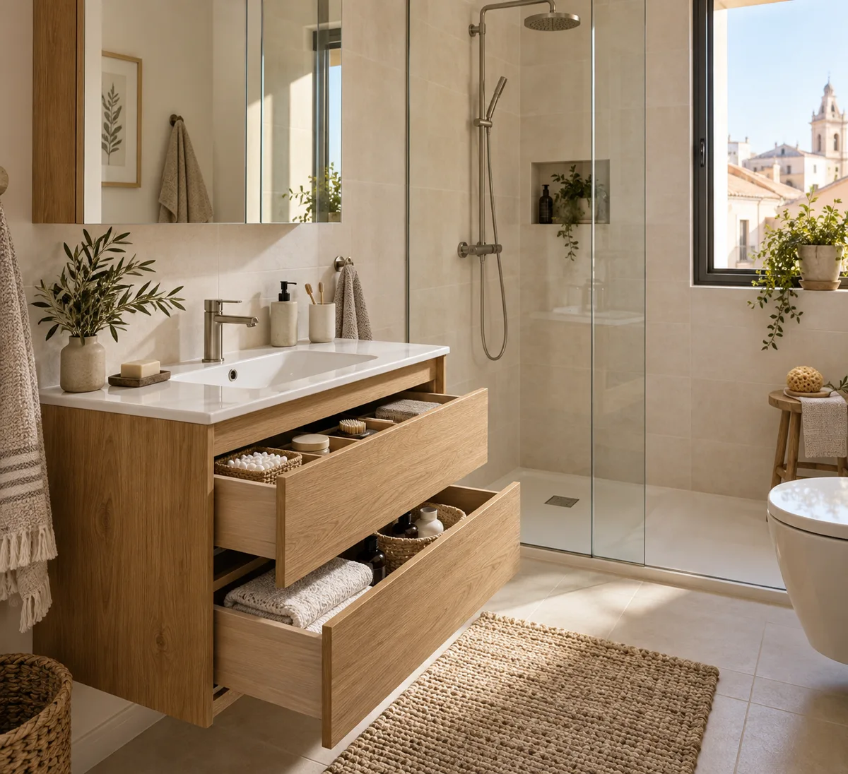 Imagen conceptual: Mueble de baño con cajones organizados y armario espejo
